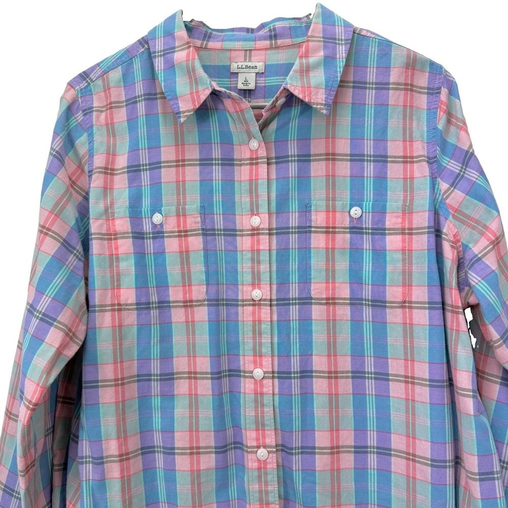 LL Bean Womens Colorful Plaid Madras Button Up Shirt Size LARGE - Picture 5 of 11